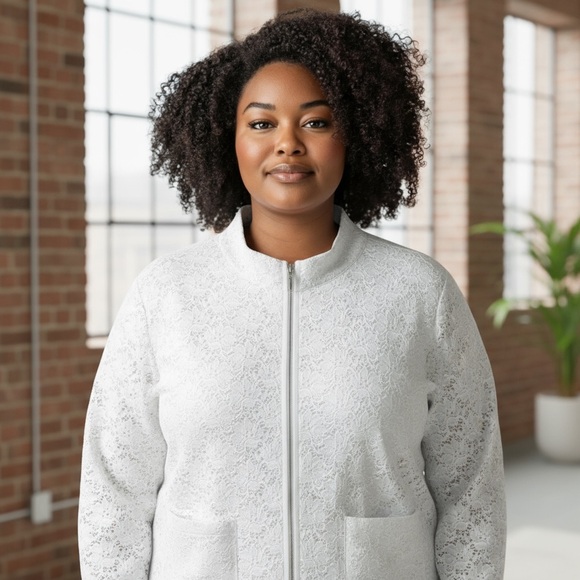 Macy's d & co stretch white jacket zipper women's lace overlay 2X - Picture 1 of 5